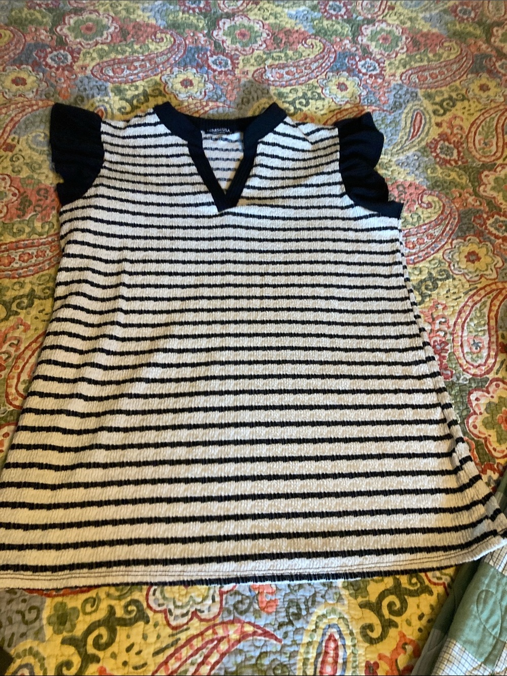 Black and White Stripe Ruffle Cap sleeves Heimish USA shirt M